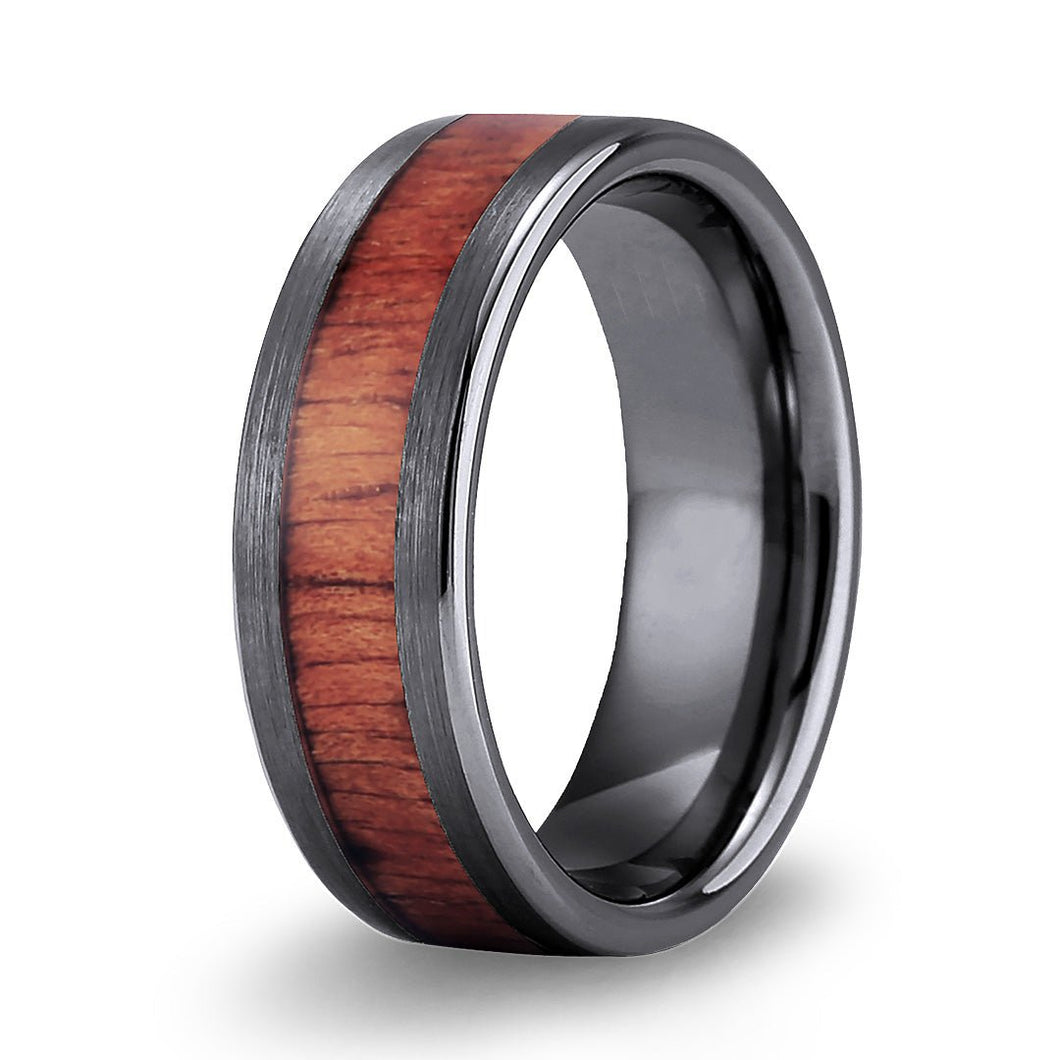 Hawaiian Koa Wood Tungsten Ring - Classic Gunmetal Brushed - Komo Koa - Woodsman Jewelry